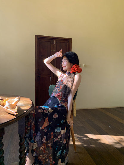 Boho Patchwork Floral Leopard Print Spaghetti Strap Maxi Dress with Matching Neck Scarf Included Ruffle Hem