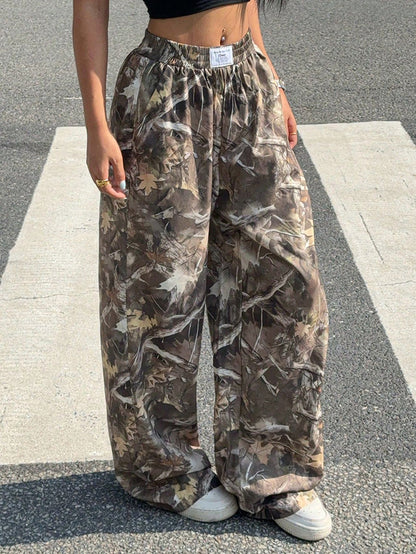 Damenhose mit Buchstaben-Leopardenmuster und geradem Bein, elastische Taille, Y2K-Hose, Unterteil mit Taschen