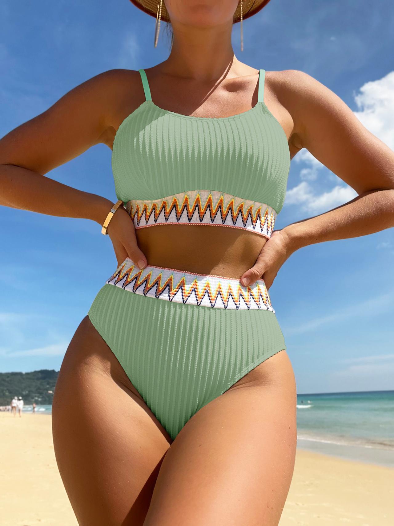 Women's High Waisted Swimsuit Two Piece Ribbed Bikini Sets Crop Top High Cut Cheeky Bathing Suits - Seldom Seen Styles