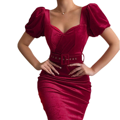 Amazon2024Spring New Pure Color Waist Slimming Chest Sexy Low Collar Puff Sleeve Velvet Sheath Dress