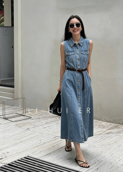 Women's Light Blue Denim Sleeveless A-Line Midi Dress Gold Button Dual Chest Pockets with Free Braided Belt S M L XL