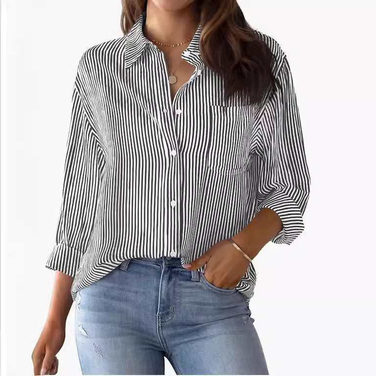 AISEW Damen Button-Down-Hemd, gestreift, klassisch, Langarm, Kragen, Büro, Arbeit, Bluse, Tops mit Tasche