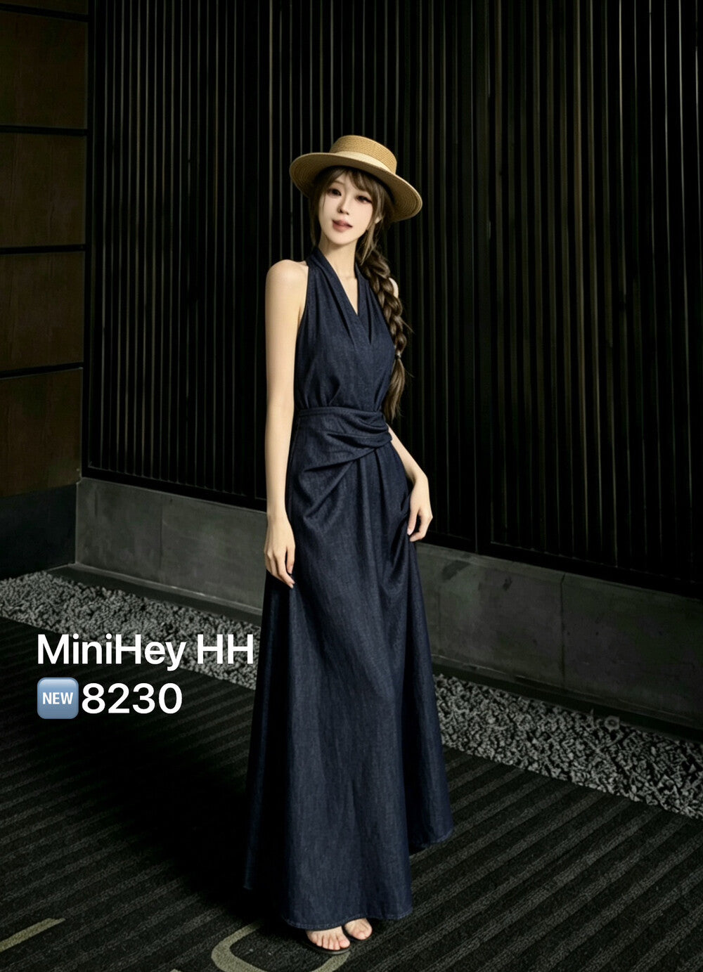 Women's Dark Navy Denim Halter Neck Wrap Ruched Maxi Dress Sleeveless Backless S M L MiniHey HH8230 - Seldom Seen Styles