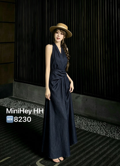 Women's Dark Navy Denim Halter Neck Wrap Ruched Maxi Dress Sleeveless Backless S M L MiniHey HH8230