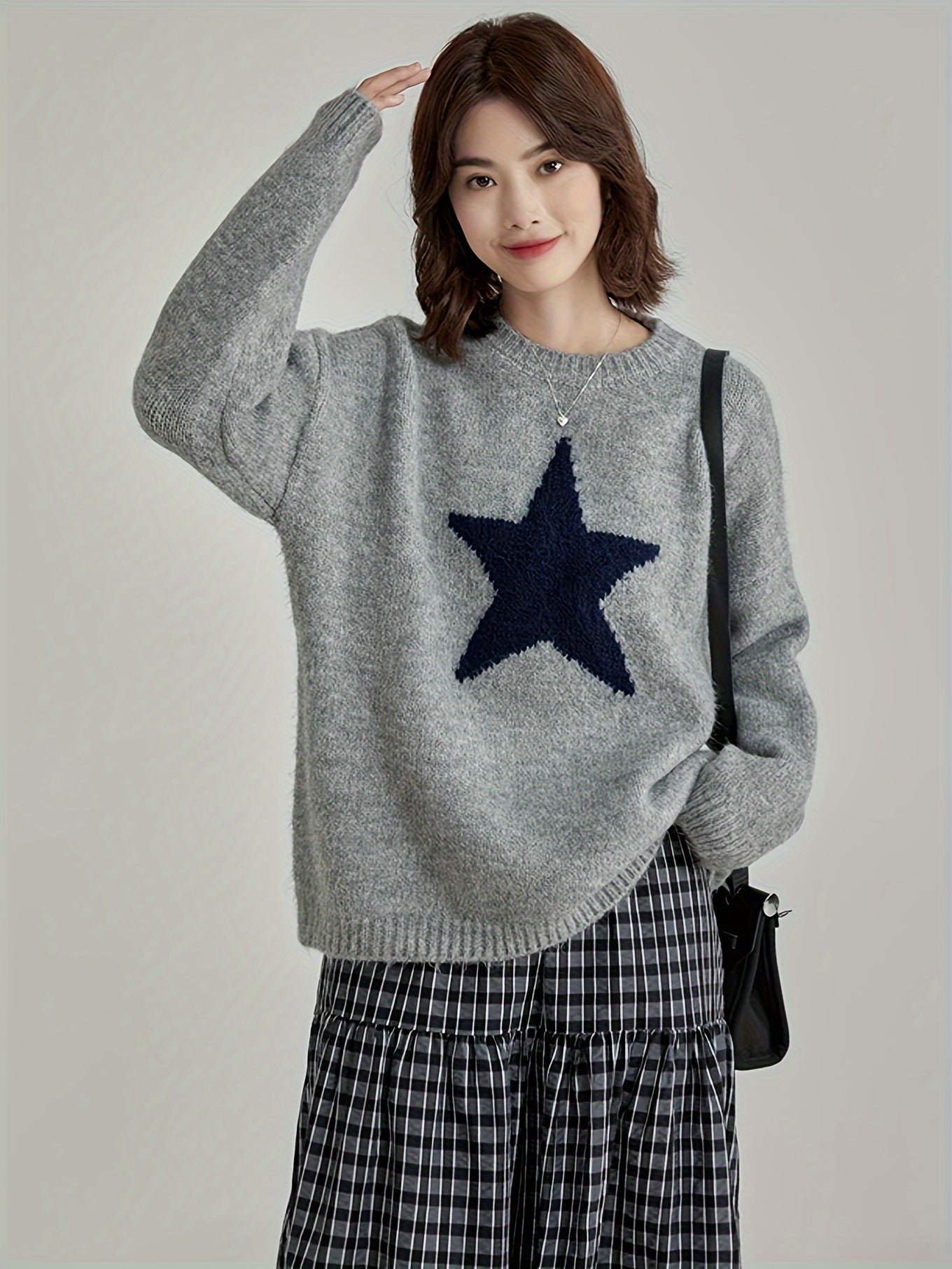 Vintage Crew Neck Pullover Sweater for Women - 100% Polyester Star Embroidery Knit Jumper, Solid Gray, Winter Thick Warm Casual Loose Fit