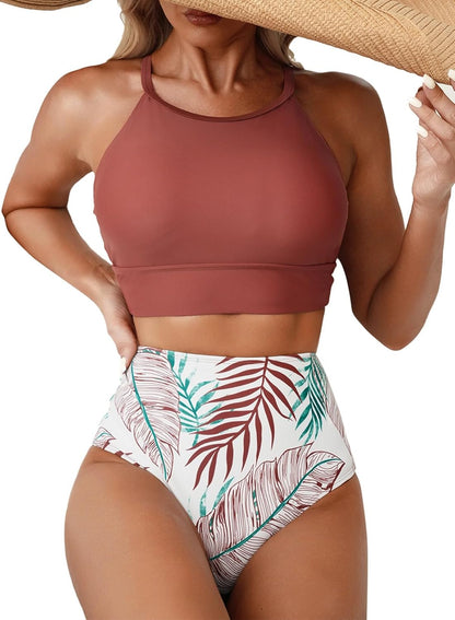 Women's Bikini Sets High Neck Tropical Leaf Print High Waisted Two Pieces Swimsuits Bathing Suits - Seldom Seen Styles