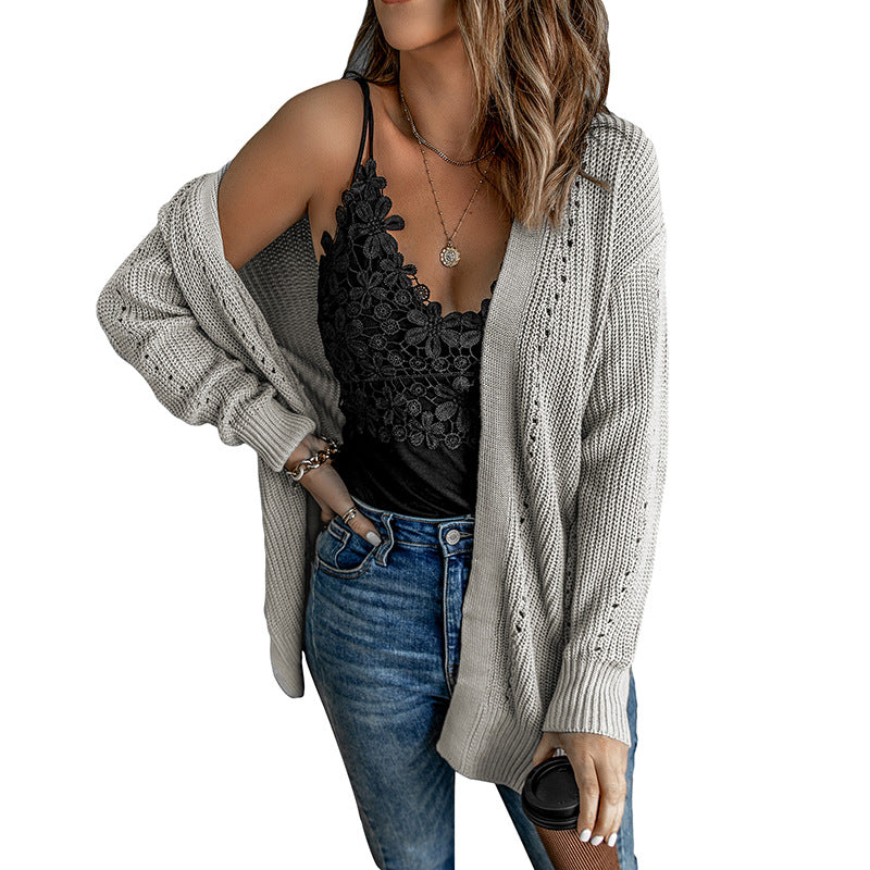 European and American Style Women Fashion Solid Color Hollow Cardigan Sweater Autumn and Winter New Side Slit Drop-Shoulder Long-Sleeve Top271064