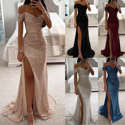 sequin prom dresses strapless sequin dress Split Dress off-Shoulder INS  Fashion low cut maxi Dress for Women