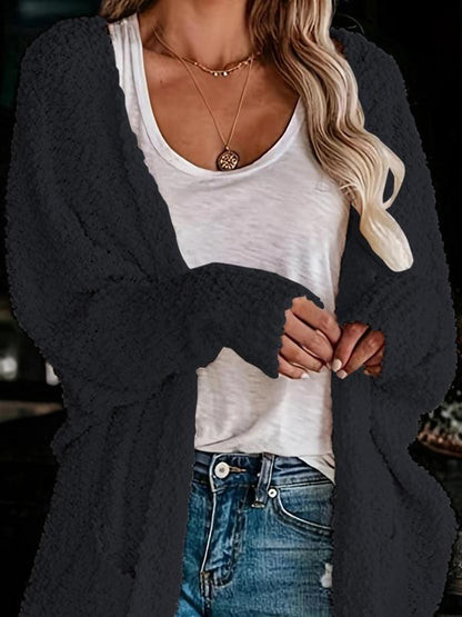 Women's Plain Pocket Batwing Sleeve Cardigan, Casual Long Sleeve Open Front Knitwear for Fall & Winter, Women's Knit Clothing for Daily Wear