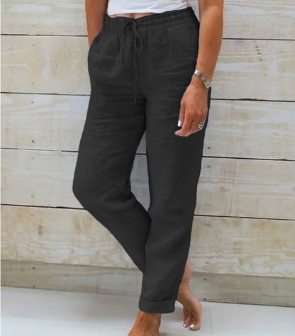 Pantalon fuselé pour femme en coton et lin avec cordon de serrage au dos et taille élastique, pantalon décontracté avec poches