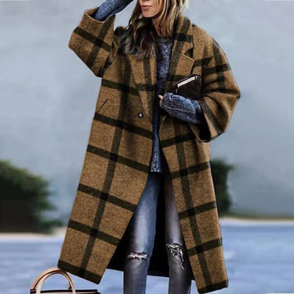 New Arrival  Autumn Foreign Women's Clothing  Long Sleeve Turn-down Collar Coat Printed Woolen Long-Cut Coat