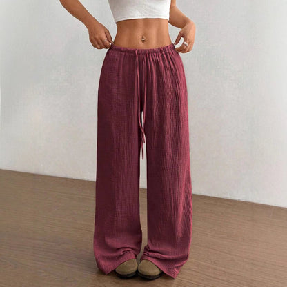 Palazzo-Hose aus Baumwollleinen für Damen, Kordelzug, elastischer Bund, lässige Hose mit weitem Bein und Taschen 