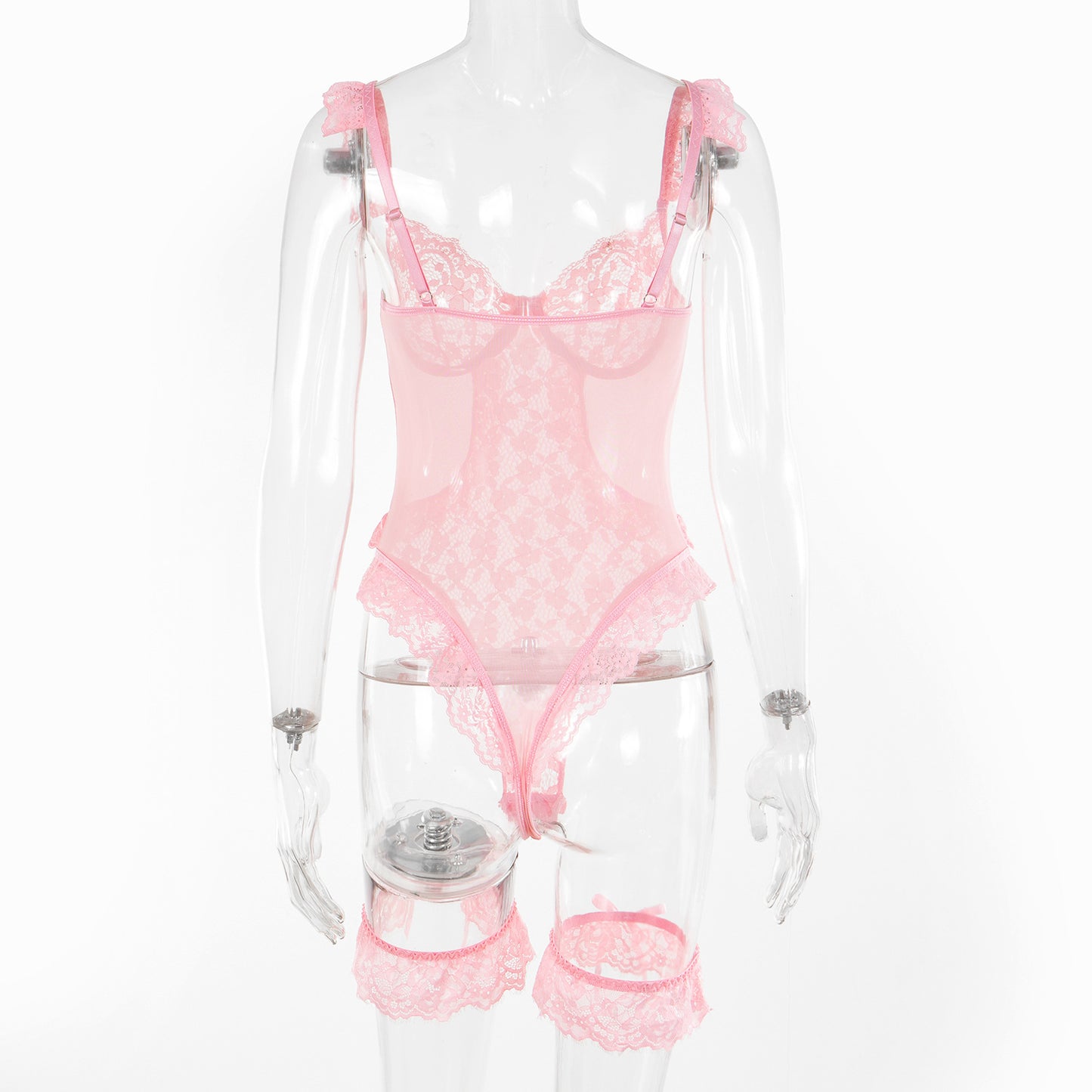 Women Sexy Lingerie Bodysuit Floral Lace Teddy Babydoll Snap Crotch Ruffle One Piece with Thigh Bands