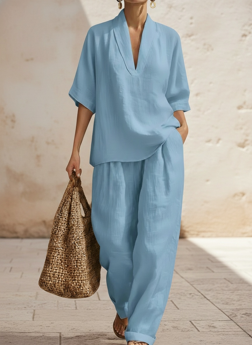 Women's Linen Two Piece Set V Neck Top and Wide Leg Pants Casual Loose Fit Summer Outfit - Seldom Seen Styles