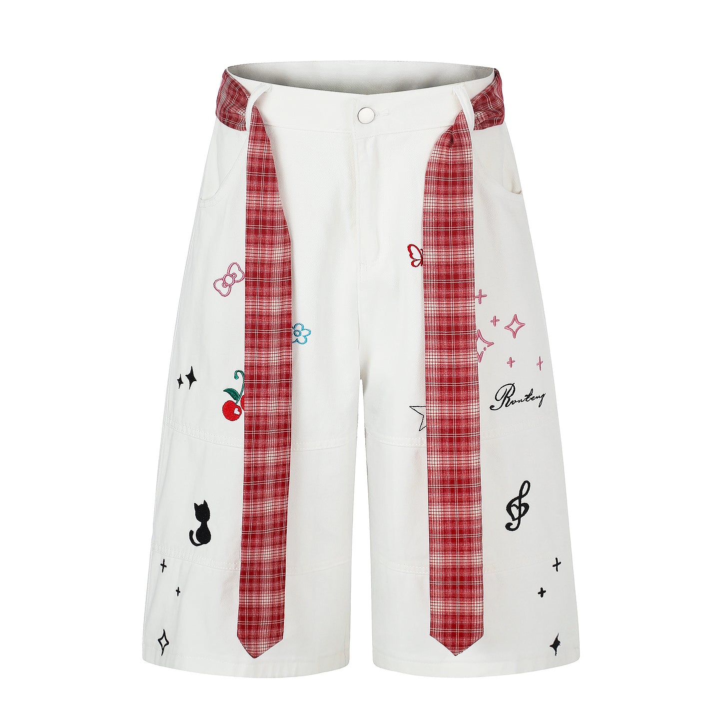 Women's Cute Embroidery Plaid Tie Wide Leg Denim Shorts High Waist Cherry Cat Bow Casual Sweet Streetwear Jean Shorts