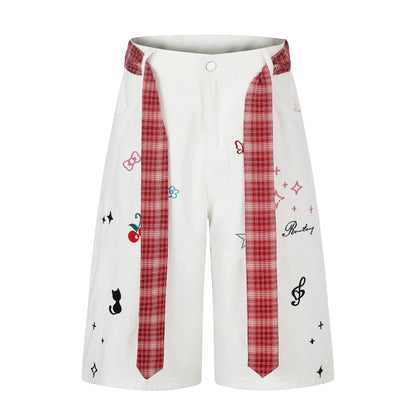 Women's Cute Embroidery Plaid Tie Wide Leg Denim Shorts High Waist Cherry Cat Bow Casual Sweet Streetwear Jean Shorts