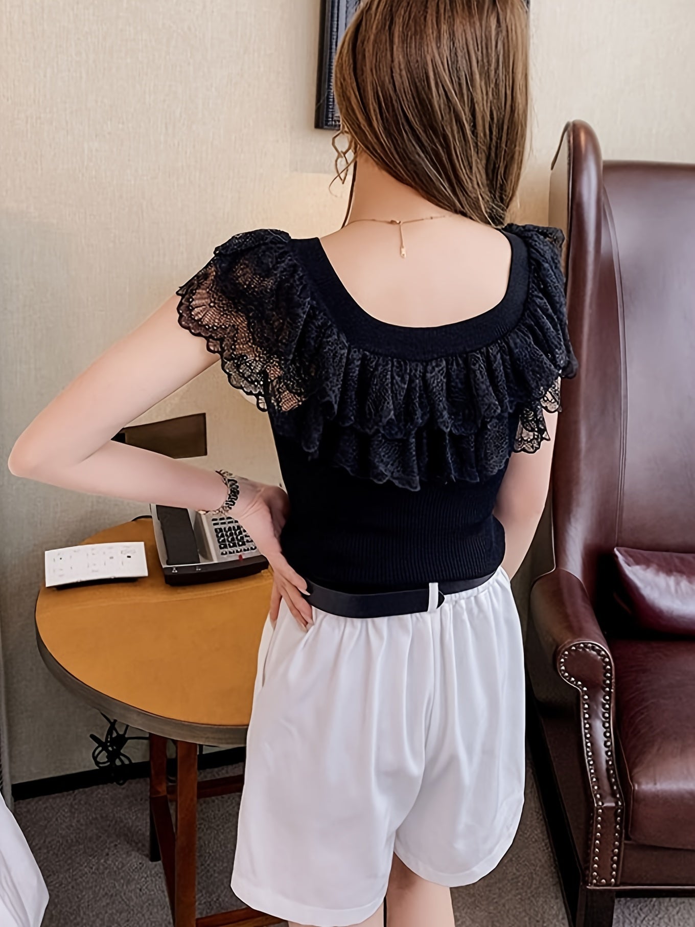 Layered Ruffle Hem Slim Top, Elegant Crew Neck Solid Color Knitted Top For Spring & Summer, Women's Clothing