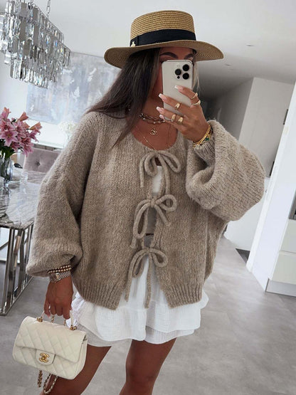 Women's Slouchy Solid Color Tie Front Drop Shoulder Lightweight Cardigan,Fashion Ladies' Knit Clothing for Daily Wear,Long Sleeve Cardigans for Fall & Winter