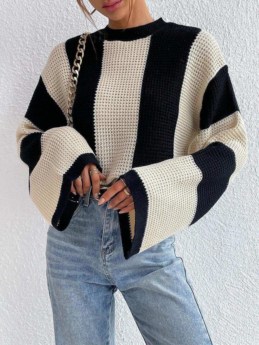 2024Autumn and Winter Cross-Border Foreign Trade Western Style Knitted Sweater Top round Neck Striped Design Niche Sweater Coat for Women