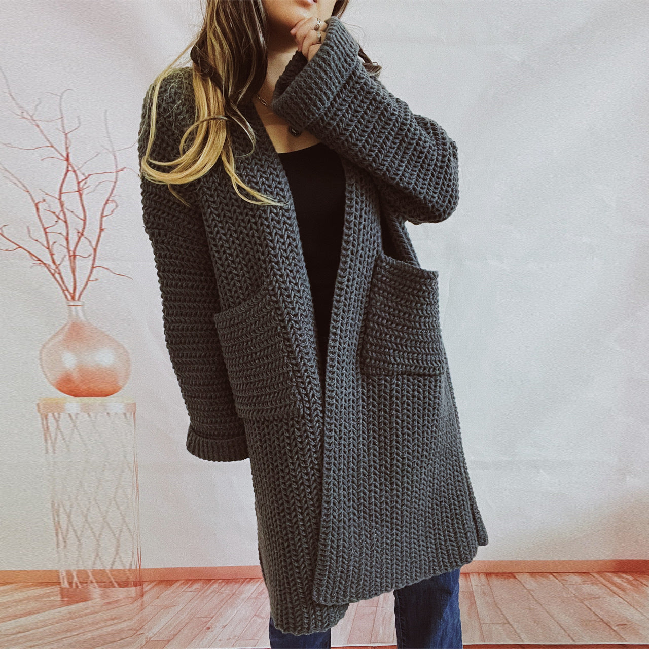 2024Cross-Border Amazon Autumn and Winter New Loose Solid Color Large Pocket Thickened Long Knitted Cardigan Sweater Coat