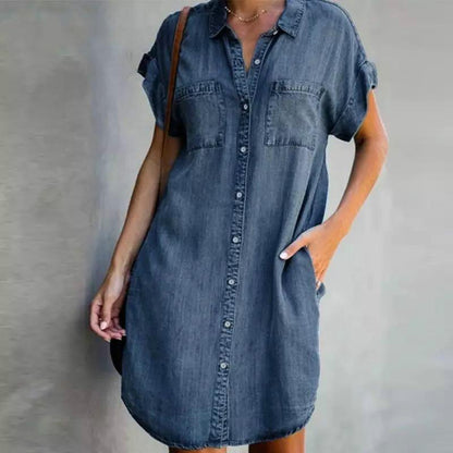 Women'S Casual Faux Denim Dress, Polyester Blend, V-Neck, Lapel Collar, Short Sleeve, Solid Color, Summer Knit Fabric, A-