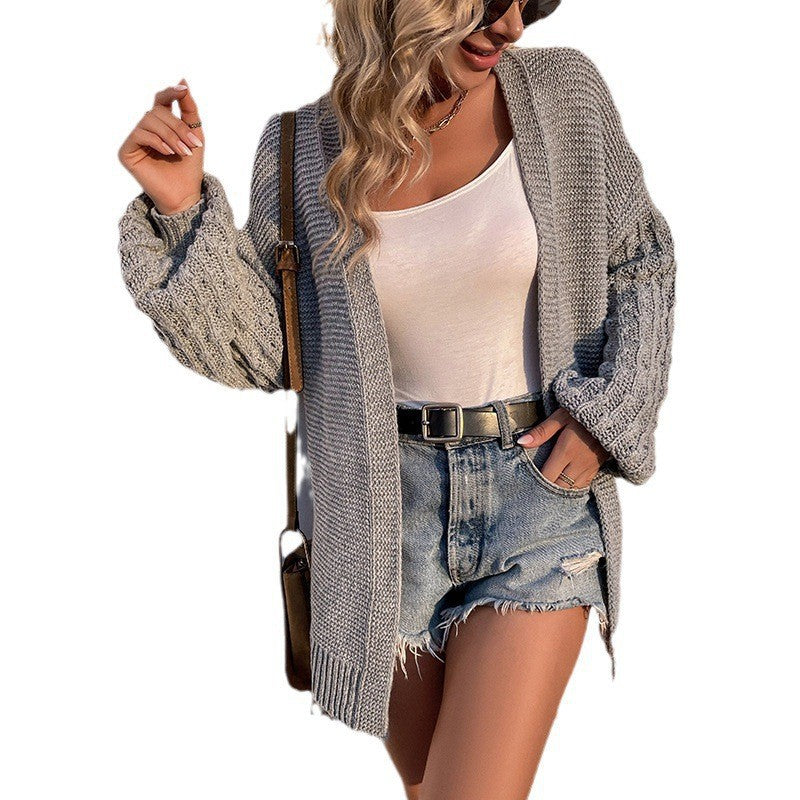 European and American Foreign Trade Lantern Sleeve Sweater Women's Coat2024Autumn and Winter New Loose Mid-Length Knitted Cardigan without Buckle