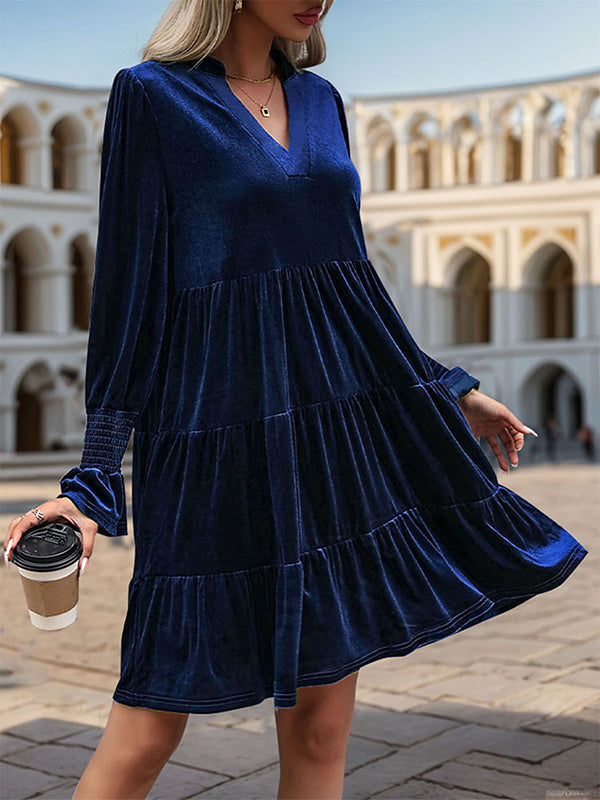 A-Line Long Sleeves Pleated Solid Color Velvet V-Neck Mini Dresses - Seldom Seen Styles