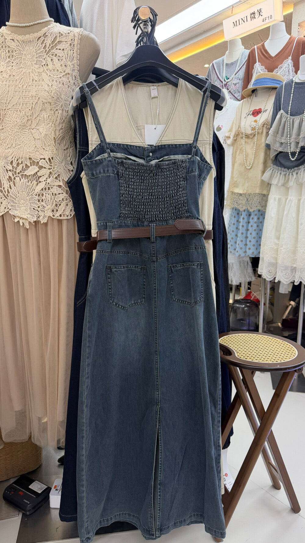 Women's Dark Blue Washed Denim Spaghetti Strap Square Neck Belted Midi Dress Gold Button Front Slit Side Pockets with Free Belt S M L MiniHey HH - Seldom Seen Styles