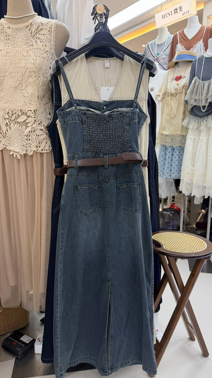 Women's Dark Blue Washed Denim Spaghetti Strap Square Neck Belted Midi Dress Gold Button Front Slit Side Pockets with Free Belt S M L MiniHey HH