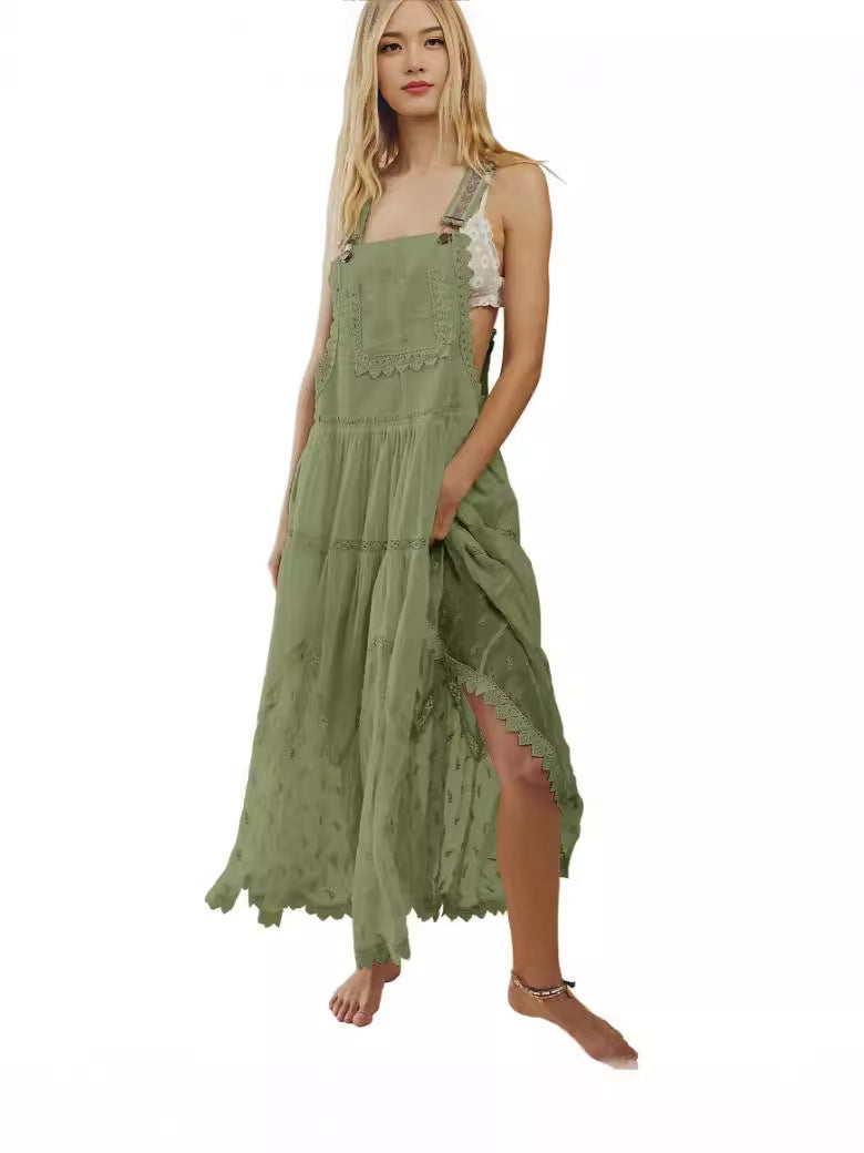 Women's Summer Laced Embroidered Tulle Bib Beachwear Dress Casual Comfortable Loose Adjustable Straps Maxi Dress Fabric Womenswear - Seldom Seen Styles