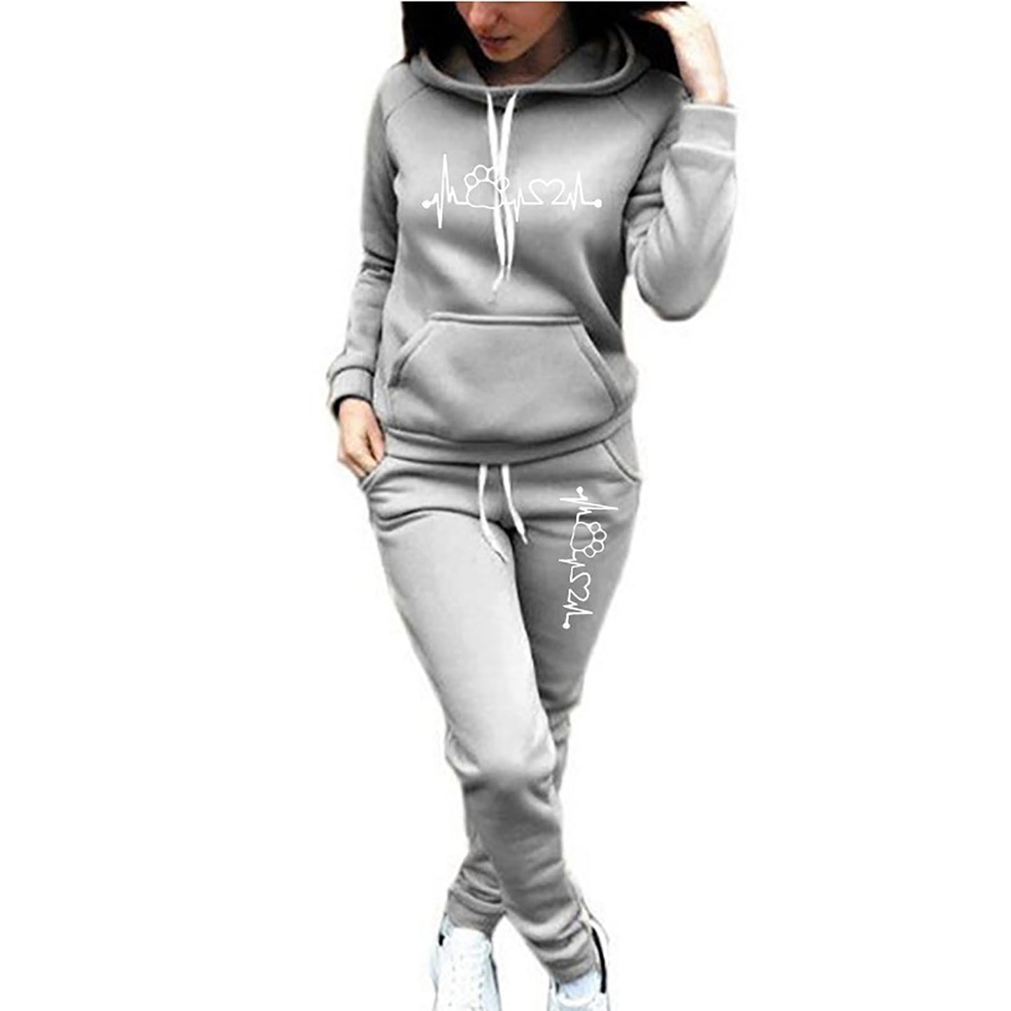 Two-Piece Set Women's Heart Print Raglan Sleeve Hoodie & Drawstring Waist Sweatpants Set, Casual Long Sleeve Hooded Pullover & Pocket Jogger Pants, Women's Fall & Winter Clothes, Holiday Outfits, Soft Clothes - Seldom Seen Styles