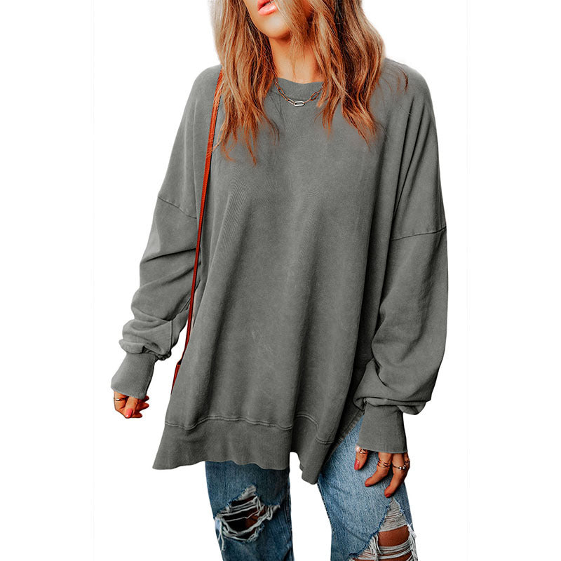 Autumn New Pure Color round-Neck Pullover Women's European and American Leisure Style All-Match Super Long Flab Hiding Long-Sleeved Top for Women