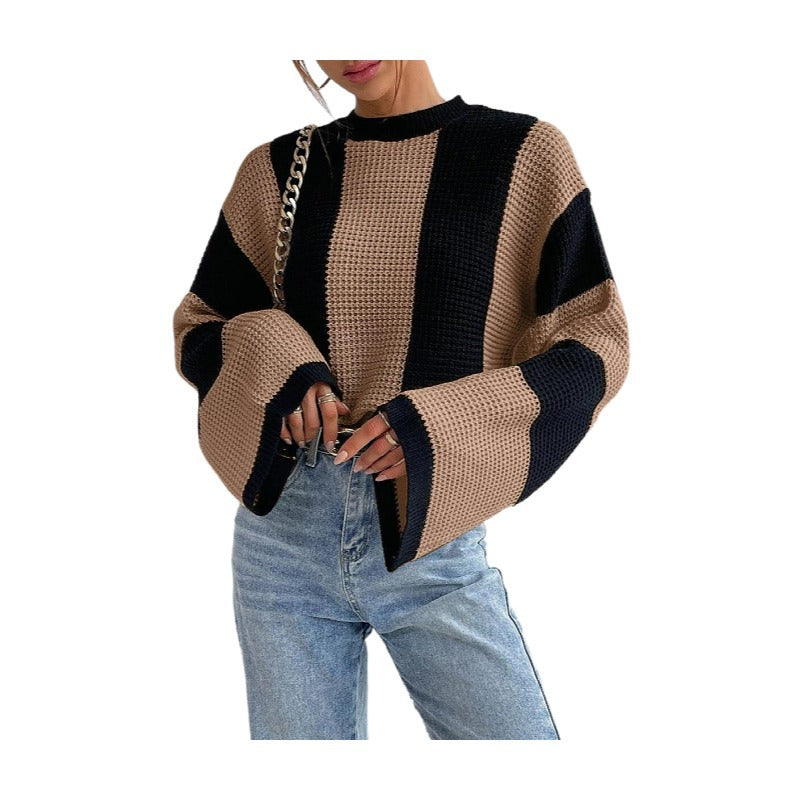 2024Autumn and Winter Cross-Border Foreign Trade Western Style Knitted Sweater Top round Neck Striped Design Niche Sweater Coat for Women