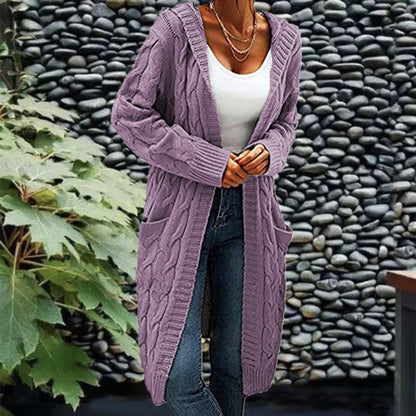 Women's Pocket Drop Shoulder Cardigan, Hooded Long Sleeve Warm Top, Casual Textured Knit Open Front Cable Outwear, Sweaters for Women