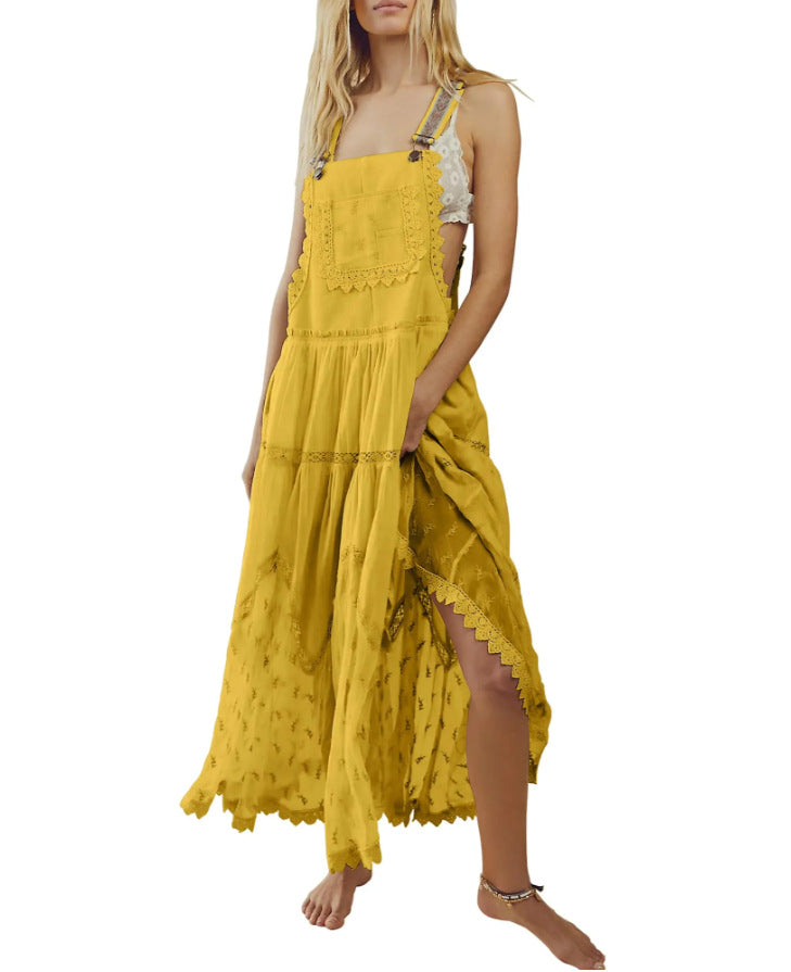 Women's Summer Laced Embroidered Tulle Bib Beachwear Dress Casual Comfortable Loose Adjustable Straps Maxi Dress Fabric Womenswear - Seldom Seen Styles