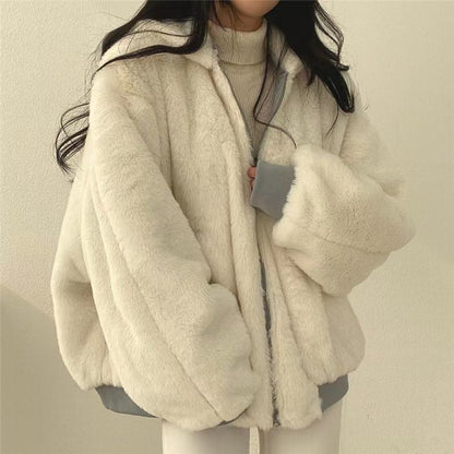 Fleece-lined Thickened Double-Sided Wear Lamb Wool Cotton Coat Women's Coat Winter New Zipper Hooded Cotton-Padded Coat Top