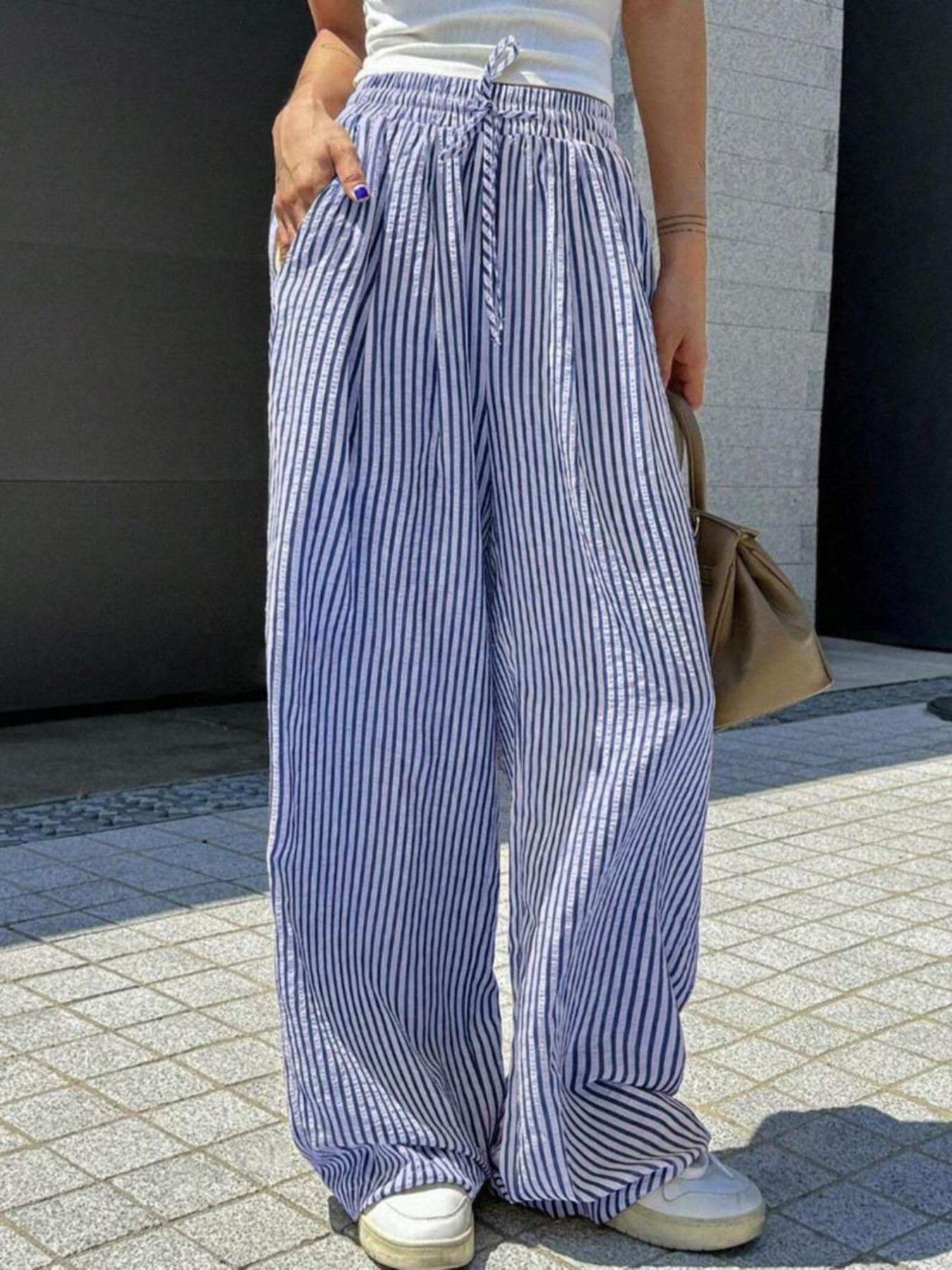 Women Casual Drawstring Elastic Waist Striped Wide Leg Pants with Pockets - Seldom Seen Styles