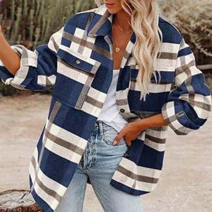 Amazon Autumn and Winter European and American Women's Clothing Autumn and Winter Long Sleeve Lapel Loose Plaid Wool Coat