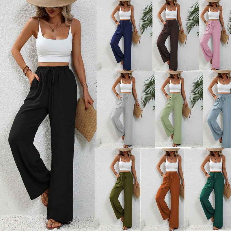 Wide Leg Pants for Women Elastic Waist Drawstring Palazzo Pants Lounge Pants with Pockets Loose Straight Leg Trousers - Seldom Seen Styles