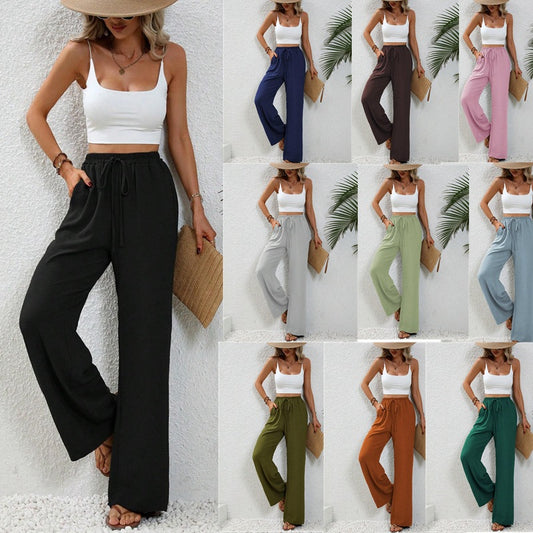 Wide Leg Pants for Women Elastic Waist Drawstring Palazzo Pants Lounge Pants with Pockets Loose Straight Leg Trousers - Seldom Seen Styles