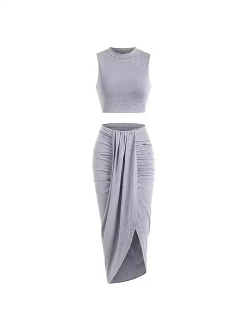 Women's Solid Crop Tank Top & Ruched Asymmetrical Hem Split Skirt Set, Chic Casual Mock Neck Sleeveless Top & High Waist Wrap Skirt, Womenswear Outfit - Seldom Seen Styles