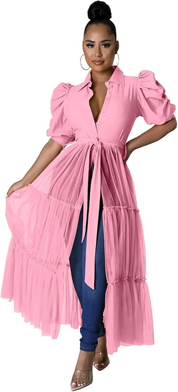 Ekaliy Women Sexy Short Sleeve Bodycon High Low Asymmetrical Ruffle Tunics Blouse Shirt Top Dress