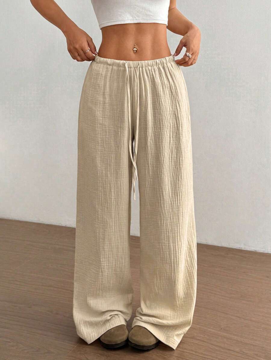 Womens Cotton Linen Palazzo Pants Drawstring Elastic Waist Casual Wide Leg Trousers with Pockets - Seldom Seen Styles