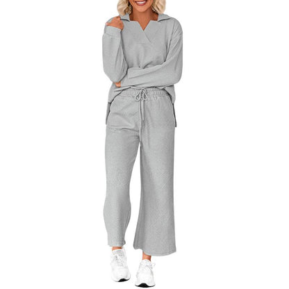 Women 2-Piece Outfit 2025 Fall Winter Lapel V Neck Long Sleeve Pullover and Wide Leg Pants Lounge Sets Pockets #Outdoorfun