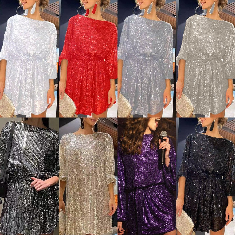 Elegant Sequin Party Dress for Women - Sparkling Long Sleeve, Round Neck with