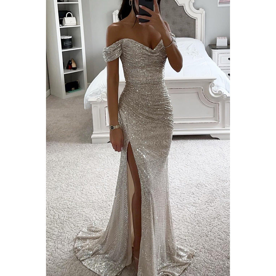 sequin prom dresses strapless sequin dress Split Dress off-Shoulder INS  Fashion low cut maxi Dress for Women