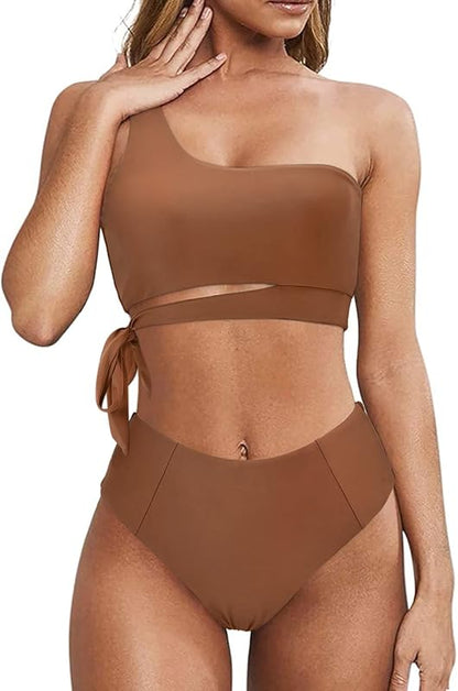 Women One Shoulder High Waisted Bikini Tie High Cut Two Piece Swimsuits - Seldom Seen Styles