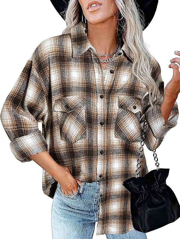 BTFBM Women Shacket Jacket Long Sleeve Button Down Casual Plaid Flannel Shirts Loose Fall Spring Blouses Tops