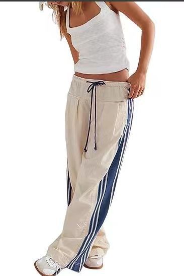 Women Y2k Track Pants Side Striped Wide Leg Baggy Pants Casual Drawstring Waist Parachute Sweatpants Streetwear