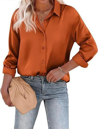 Women's Blouse Satin Shirts Button Down Shirts Casual Loose Long Sleeve Office Work Tunic Tops